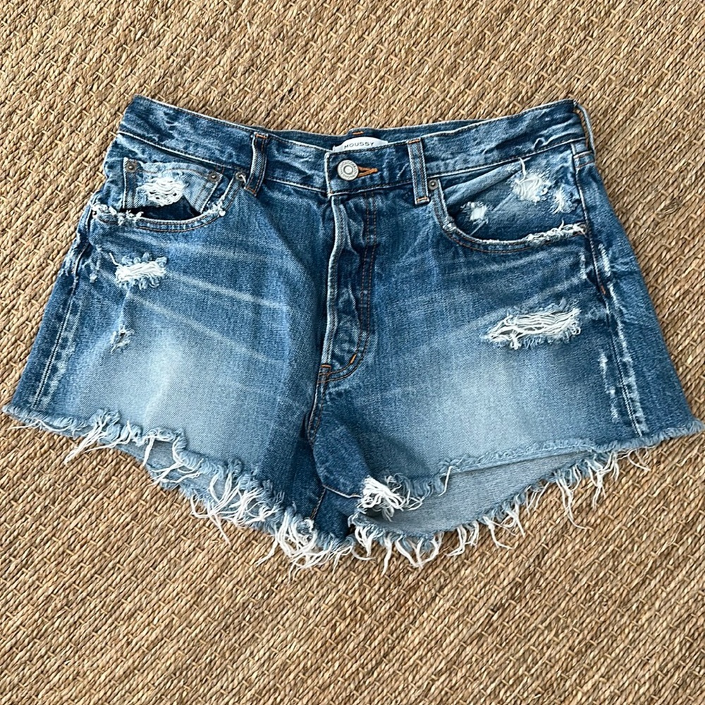 Moussy vintage denim jean shorts 29.  Button fly closure, raw hem, rigid denim.